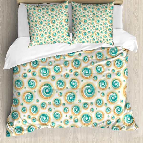 Abakuhaus Copripiumino Geometrico, Motivo A Spirale, Antiacaro E Anallergico, Con Federe, 200 Cm X 200 Cm - 80 X 80 Cm, Verde Acqua Arancione-image