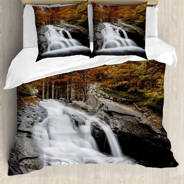 Abakuhaus Copripiumino Waterfall, Alberi Autunnali Con Lago, Antiacaro, Adatto A Chi Soffre Di Allergie, Con Federe, 200 Cm X 200 Cm - 80 X 80 Cm, Bianco, Verde E Arancione-image