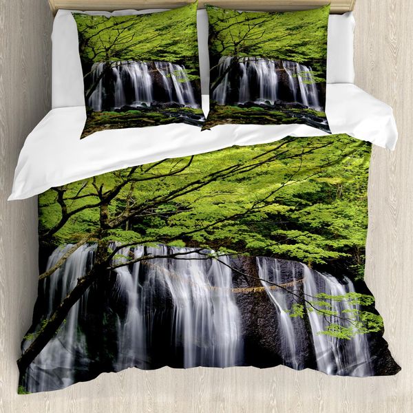 Abakuhaus Copripiumino Waterfall, Albero E Roccia In Cascata, Antiacaro, Adatto A Chi Soffre Di Allergie, Con Federe, 200 Cm X 200 Cm - 80 X 80 Cm, Nero, Bianco E Verde-image