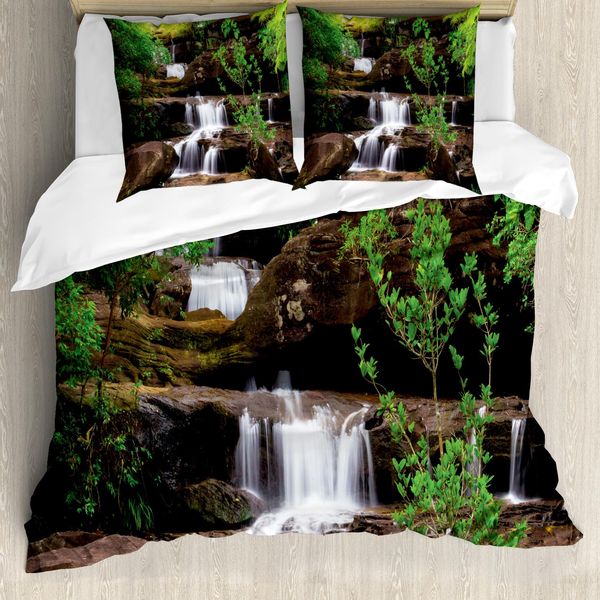 Abakuhaus Copripiumino Waterfall, Gonna A Cascata, Antiacaro, Adatto A Chi Soffre Di Allergie, Con Federe, 155 Cm X 220 Cm - 80 X 80 Cm, Marrone, Bianco E Verde-image
