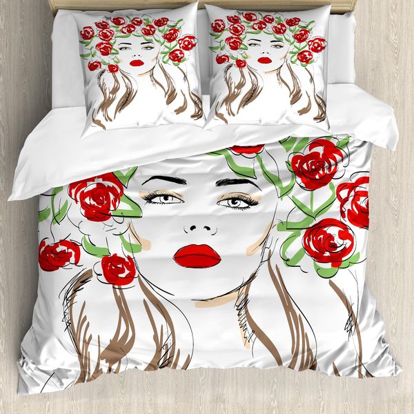 Abakuhaus Copripiumino Blume, Donna Con Decorazione Floreale, Antiacaro, Adatto A Chi Soffre Di Allergie, Con Federe, 155 Cm X 220 Cm - 80 X 80 Cm, Verde, Rosso, Marrone Chiaro-image