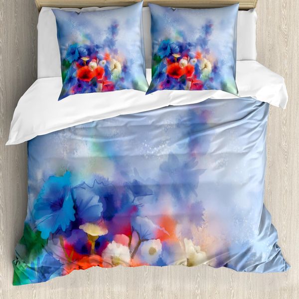 Abakuhaus Copripiumino Blume, Effetto Dipinto Sfumato, Antiacaro E Anallergico, Con Federe, 200 Cm X 200 Cm - 80 X 80 Cm, Rosso Blu-image