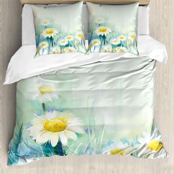 Abakuhaus Copripiumino Con Motivo Floreale, Campo Di Margherite, Antiacaro E Anallergico, Con Federe, 155 Cm X 220 Cm - 80 X 80 Cm, Azzurro Pallido E Bianco-image