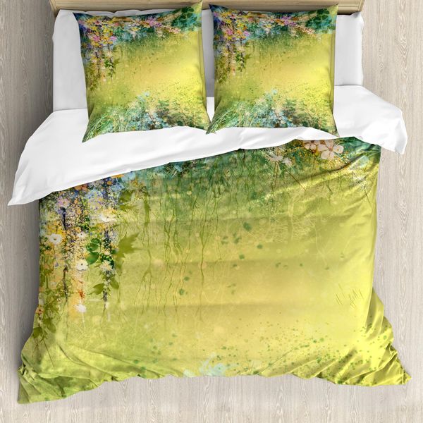 Abakuhaus Copripiumino Con Motivo Floreale, Foglie Primaverili E Vendemmia, Antiacaro E Anallergico, Con Federe, 200 Cm X 200 Cm - 80 X 80 Cm, Verde-image