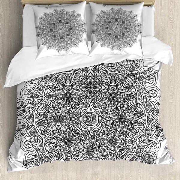 Abakuhaus Copripiumino Mandala, Fiori Mandala, Antiacaro, Adatto A Chi Soffre Di Allergie, Con Federe, 155 Cm X 220 Cm - 80 X 80 Cm, Nero-image