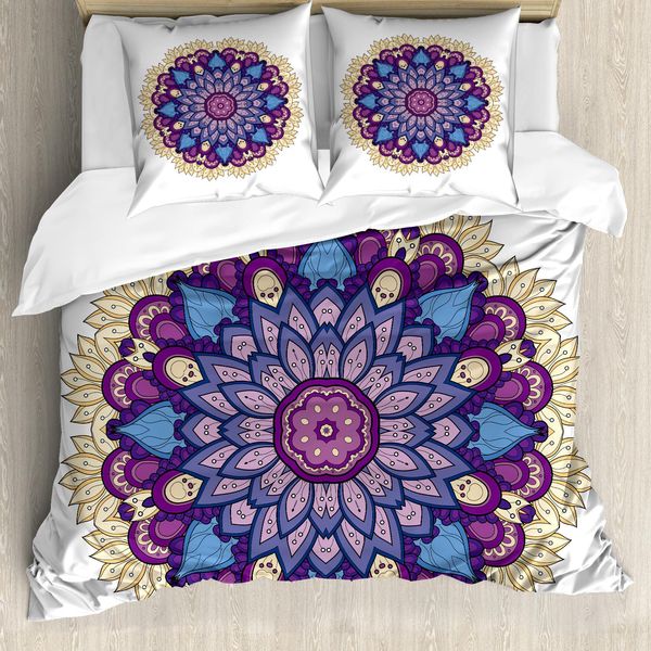 Abakuhaus Copripiumino Mandala, Decorazione Floreale Naturale, Antiacaro, Adatto A Chi Soffre Di Allergie, Con Federe, 200 Cm X 200 Cm - 80 X 80 Cm, Viola, Giallo-image