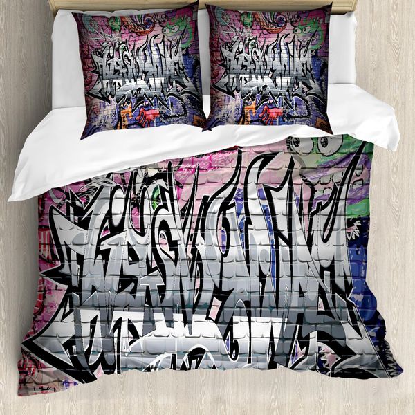 Abakuhaus Copripiumino Con Motivo Murale, Graffiti Grunge Wall Art, Antiacaro E Anallergico, Con Federe, 155 Cm X 220 Cm - 80 X 80 Cm, Multicolore-image