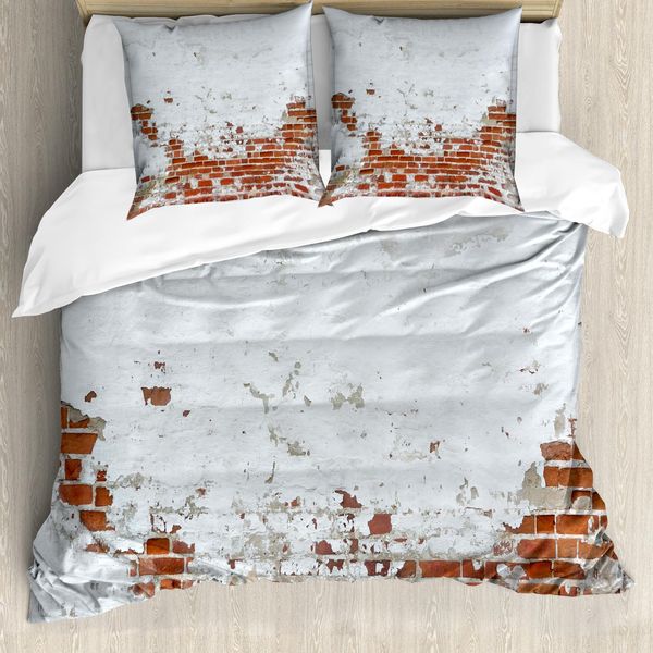 Abakuhaus Set Copripiumino Bianco Per Letti Matrimoniali, Effetto Vintage Mattoni Invecchiati, Antiacaro E Anallergico, Con Federe, Rosso-image