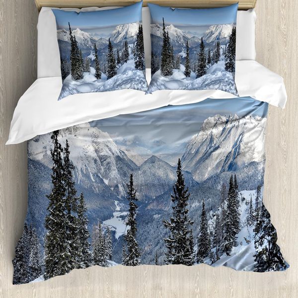 Abakuhaus Copripiumino Invernale, Woodland Montagna Innevata, Antiacaro, Adatto A Chi Soffre Di Allergie, Con Federe, 200 Cm X 200 Cm - 80 X 80 Cm, Bianco Verde-image
