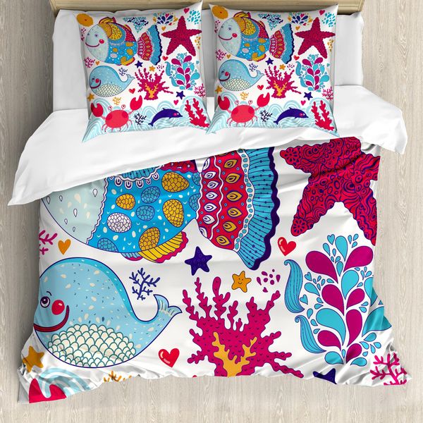 Abakuhaus Set Copripiumino Per Letti Matrimoniali, Cartoon Marine Ocean Life, Antiacaro, Adatto A Chi Soffre Di Allergie, Con Federe, Multicolore-image