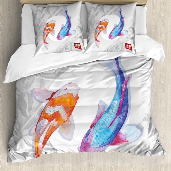 Abakuhaus Copripiumino Koi, Carpe Giapponesi Acquerellate, Antiacaro, Adatto A Chi Soffre Di Allergie, Con Federe, 155 Cm X 220 Cm - 80 X 80 Cm, Blu Arancione-image
