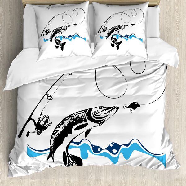 Abakuhaus Copripiumino Fishing, Disegnato A Mano, Stile Nautico, Antiacaro, Adatto A Chi Soffre Di Allergie, Con Federe, 200 Cm X 200 Cm - 80 X 80 Cm, Nero Blu-image