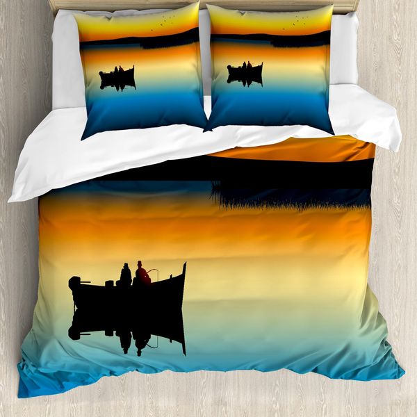 Abakuhaus Copripiumino Fishing, Tramonto Sul Lago - Pesca, Antiacaro, Adatto A Chi Soffre Di Allergie, Con Federe, 155 Cm X 220 Cm - 80 X 80 Cm, Arancione Blu-image