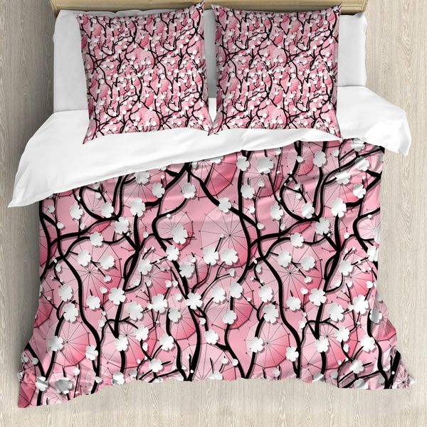 Abakuhaus Copripiumino Giapponese, Sakura Tree Umbrellas, Antiacaro, Adatto A Chi Soffre Di Allergie, Con Federe, 155 Cm X 220 Cm - 80 X 80 Cm, Nero Rosa-image