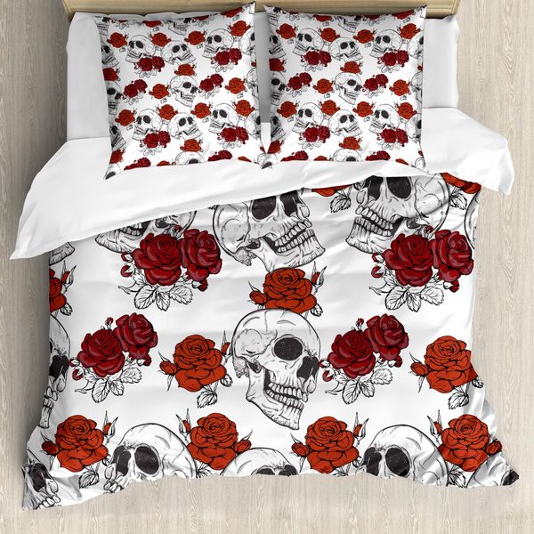 Abakuhaus Copripiumino Con Teschi, Roses Gothic Skull, Antiacaro, Adatto A Chi Soffre Di Allergie, Con Federe, 200 Cm X 200 Cm - 80 X 80 Cm, Grigio-image