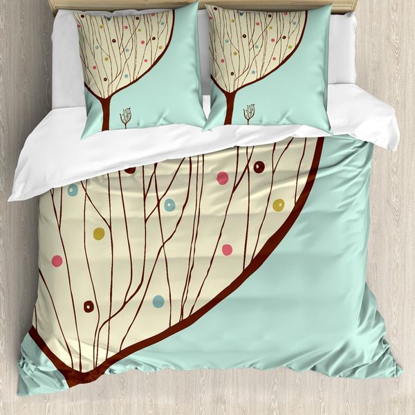 Abakuhaus Set Copripiumino Moderno Per Letti Matrimoniali, Motivo Albero Astratto, Antiacaro E Anallergico, Con Federe, Verde Mandorla, Grigio, Bianco, Cacao-image