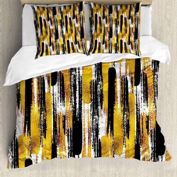 Abakuhaus Copripiumino Moderno, Grunge Art Brushstrokes, Antiacaro E Anallergico, Con Federe, 155 Cm X 220 Cm - 80 X 80 Cm, Terra Giallo Nero-image