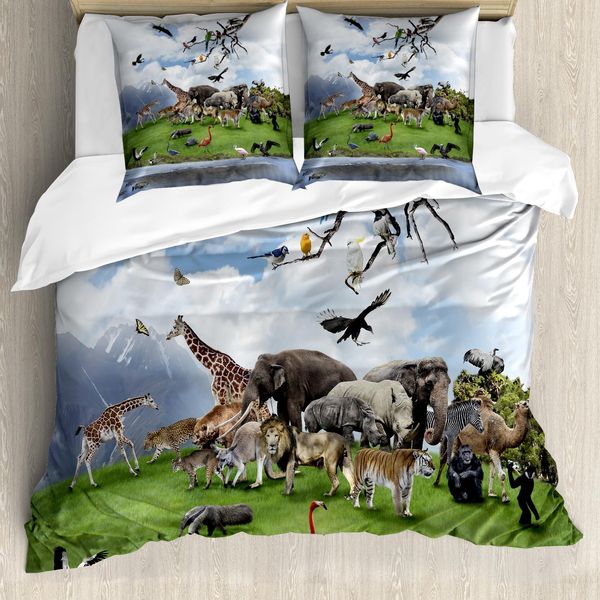 Abakuhaus Set Copripiumino Con Animali Per Letti Matrimoniali, Collage Di Animali Tropicali, Antiacaro, Adatto A Chi Soffre Di Allergie, Con Federe, Multicolore-image