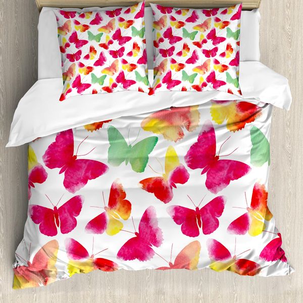Abakuhaus Copripiumino Colorato, Farfalle Acquerellate, Antiacaro, Adatto A Chi Soffre Di Allergie, Con Federe, 200 Cm X 200 Cm - 80 X 80 Cm, Fucsia-Verde-image
