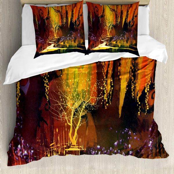 Abakuhaus Set Copripiumino Per Letti Matrimoniali, Motivo Forest View, Antiacaro, Adatto A Chi Soffre Di Allergie, Con Federe, Arancione Marrone-image