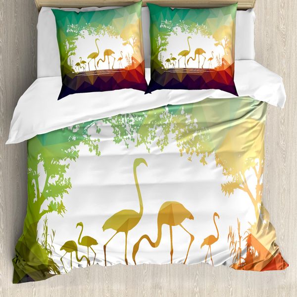 Abakuhaus Set Copripiumino Flamingo Per Letti Matrimoniali, Moderno Poligonale Animali, Antiacaro Adatto A Chi Soffre Di Allergie Con Federe, Multicolore-image