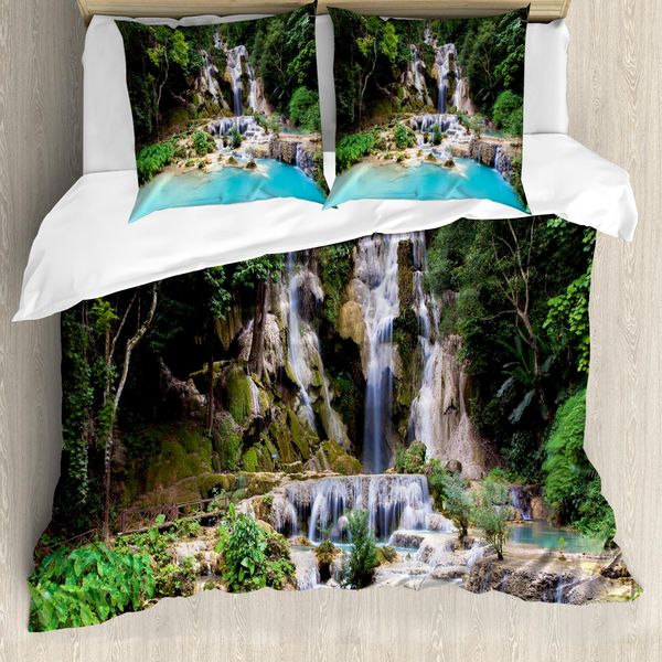 Abakuhaus Copripiumino Waterfall, Laos Vietnamesisch See, Antiacaro E Anallergico, Con Federe, 155 Cm X 220 Cm - 80 X 80 Cm, Blu E Verde-image