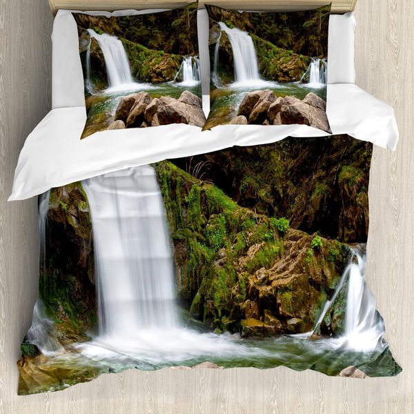 Abakuhaus Copripiumino Waterfall, Cascate In Montagna, Antiacaro, Adatto A Chi Soffre Di Allergie, Con Federe, 155 Cm X 220 Cm - 80 X 80 Cm, Verde E Marrone-image