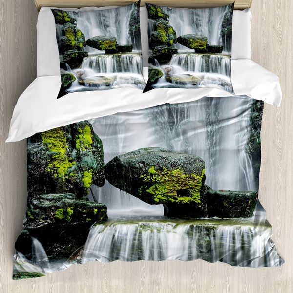 Abakuhaus Copripiumino Waterfall, Cascata Con Rocce, Antiacaro, Adatto A Chi Soffre Di Allergie, Con Federe, 155 Cm X 220 Cm - 80 X 80 Cm, Verde, Bianco E Nero-image