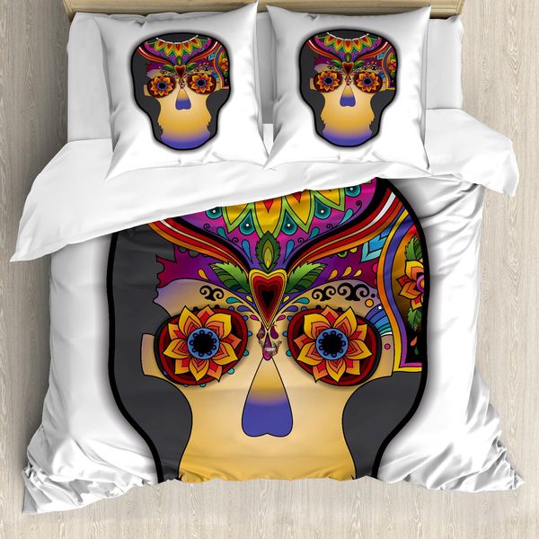 Abakuhaus Copripiuma Con Tatuaggi, Teschi Floreali Colorati, Antiacaro, Adatto A Chi Soffre Di Allergie, Con Federe, 155 Cm X 220 Cm - 80 X 80 Cm, Multicolore-image