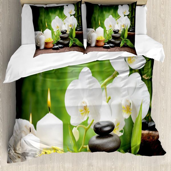 Abakuhaus Copripiumino Spa, Pietre E Orchidee, Antiacaro, Adatto A Chi Soffre Di Allergie, Con Federe, 155 Cm X 220 Cm - 80 X 80 Cm, Bianco, Verde E Nero-image
