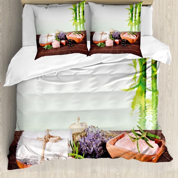 Copripiumino Abakuhaus Spa, Fiori Di Bambù E Pietre, Antiacaro, Adatto A Chi Soffre Di Allergie, Con Federe, 200 Cm X 200 Cm - 80 X 80 Cm, Verde, Bianco E Marrone-image