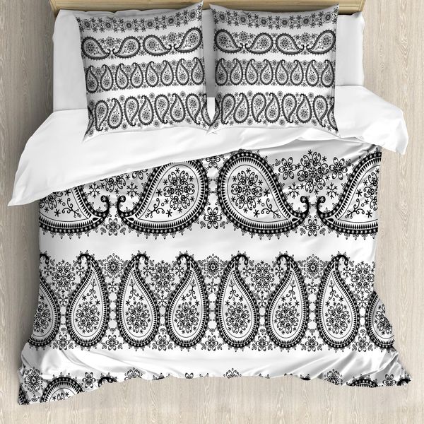 Abakuhaus Copripiumino Paisley, Tema Invernale Fiori, Antiacaro, Adatto A Chi Soffre Di Allergie, Con Federe, 155 Cm X 220 Cm - 80 X 80 Cm, Bianco E Nero-image