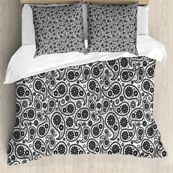 Abakuhaus Copripiumino Paisley, Motivi Floreali Retrò, Antiacaro E Anallergico, Con Federe, 155 Cm X 220 Cm - 80 X 80 Cm, Bianco E Nero-image