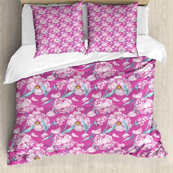 Abakuhaus Set Copripiumino Giapponese Per Letti Matrimoniali, Peonia Fiore Romantico, Antiacaro, Adatto A Chi Soffre Di Allergie, Con Federe, Rosa-image