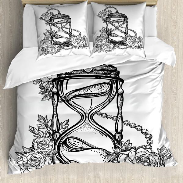 Abakuhaus Copripiumino Con Tatuaggi, Stile Sketch Clessidra, Antiacaro, Adatto A Chi Soffre Di Allergie, Con Federe, 155 Cm X 220 Cm - 80 X 80 Cm, Bianco E Nero-image