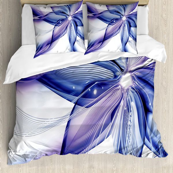 Abakuhaus Copripiumino Astratto, Fiori Geometrici, Antiacaro, Adatto A Chi Soffre Di Allergie, Con Federe, 155 Cm X 220 Cm - 80 X 80 Cm, Blu, Bianco E Viola-image