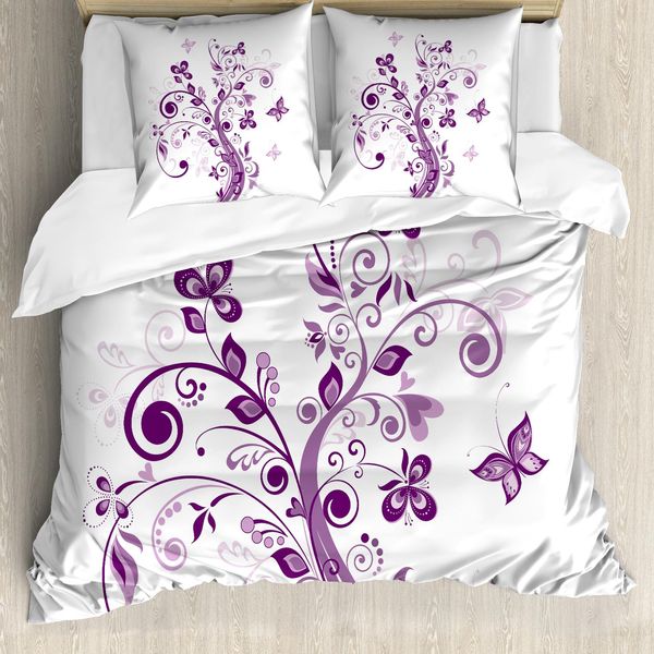 Abakuhaus Copripiumino Mauve, Fiori E Foglie, Antiacaro, Adatto A Chi Soffre Di Allergie, Con Federe, 155 Cm X 220 Cm - 80 X 80 Cm, Viola E Bianco-image