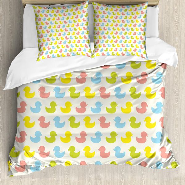 Abakuhaus Set Copripiumino Con Paperella Da Bagno Per Letti Matrimoniali, Arte Infantile Colorata, Antiacaro, Adatto A Chi Soffre Di Allergie, Con Federe, Giallo, Verde, Rosa E Blu-image