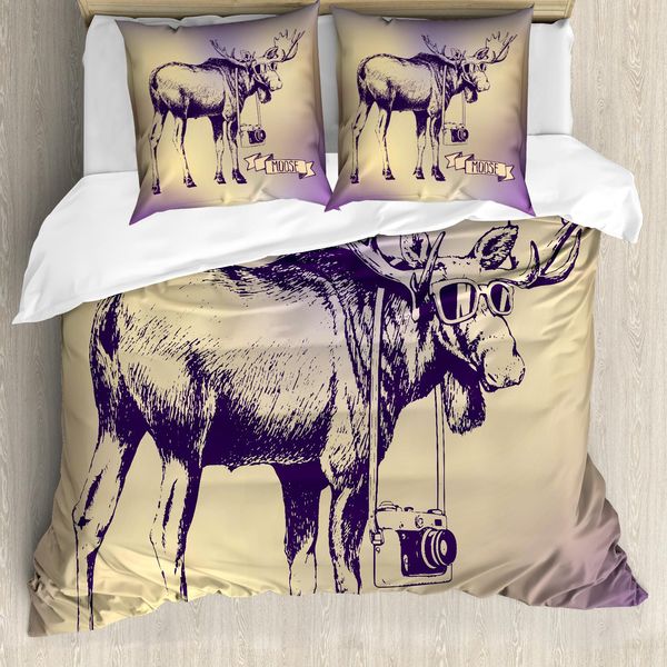 Abakuhaus Copripiumino Elch, Hipster Deer Con Macchina Fotografica, Antiacaro, Adatto A Chi Soffre Di Allergie, Con Federe, 200 Cm X 200 Cm - 80 X 80 Cm, Viola Beige-image