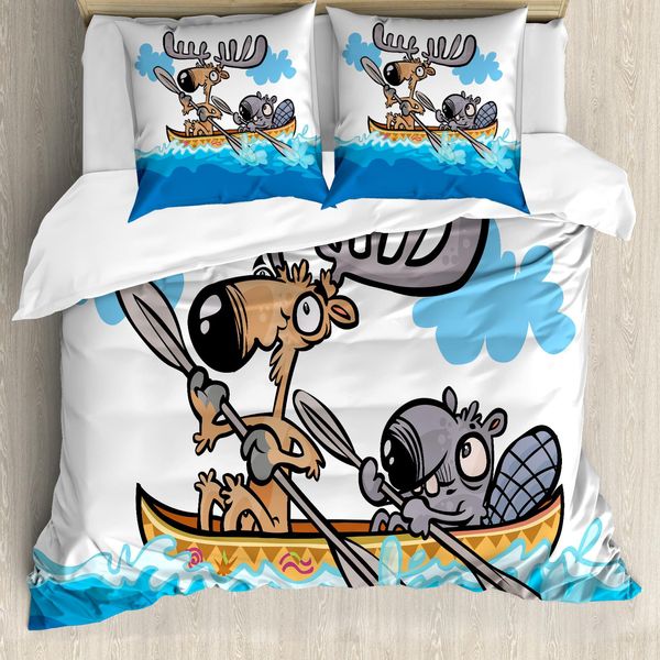 Abakuhaus Copripiumino Elch, Animali Locali Cartoon, Antiacaro Adatto A Chi Soffre Di Allergie Con Federe, 155 Cm X 220 Cm - 80 X 80 Cm, Blu, Bianco, Marrone-image