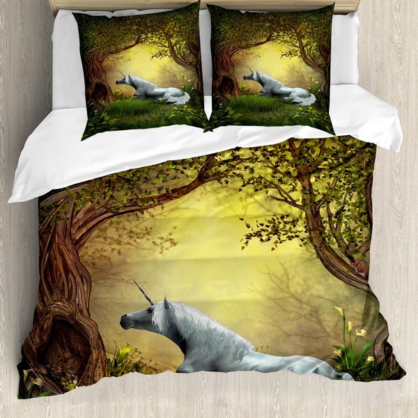 Abakuhaus Copripiumino Unicorno, Fantasy Forest, Antiacaro, Adatto A Chi Soffre Di Allergie, Con Federe, 155 Cm X 220 Cm - 80 X 80 Cm, Verde Bianco-image