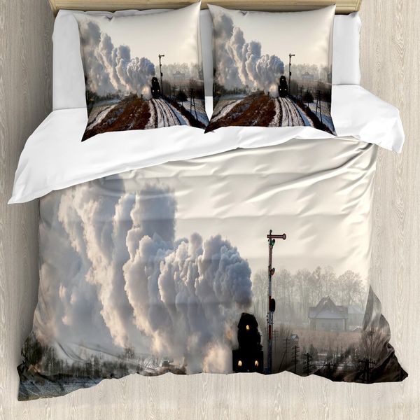 Abakuhaus Copripiumino Con Motivo A Vapore, Scena Nevosa, Antiacaro, Adatto A Chi Soffre Di Allergie, Con Federe, 155 Cm X 220 Cm - 80 X 80 Cm, Grigio Chiaro-image