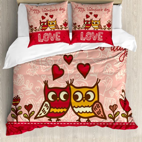 Abakuhaus Copripiumino San Valentino, Gufi Amore Cuore, Antiacaro, Adatto A Chi Soffre Di Allergie, Con Federe, 155 Cm X 220 Cm - 80 X 80 Cm, Rosa, Rosso, Giallo-image