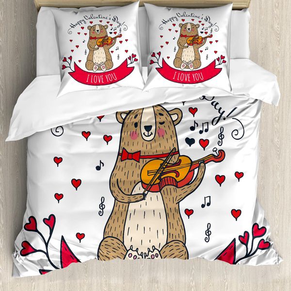 Abakuhaus Copripiumino San Valentino, Orso E Violino, Antiacaro, Adatto A Chi Soffre Di Allergie, Con Federe, 200 Cm X 200 Cm - 80 X 80 Cm, Rosso-Marrone-image