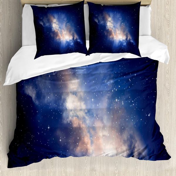 Abakuhaus Set Copripiumino Galaxie Per Letti Matrimoniali, Nebel Cielo Nuvoloso Stella, Antiacaro Adatto A Chi Soffre Di Allergie Con Federe, Blu Navy Multicolore-image