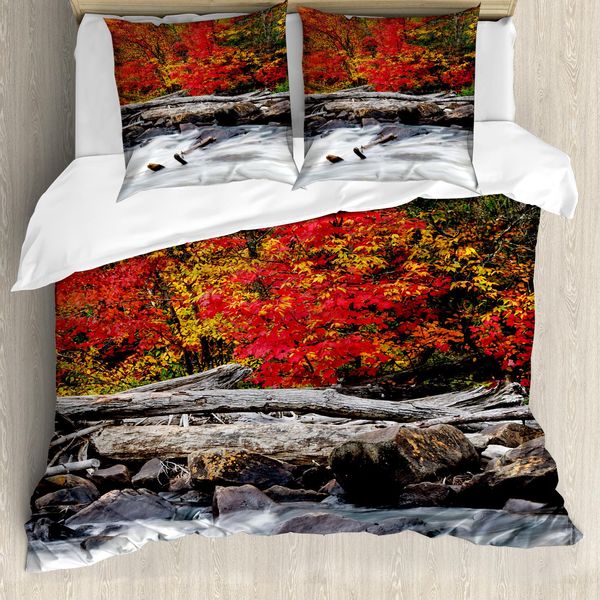 Abakuhaus Set Copripiumino Autunnale Per Letti Matrimoniali, Bosco Autunnale, Legno Galleggiante, Antiacaro, Adatto A Chi Soffre Di Allergie, Con Federe, Rosso-image
