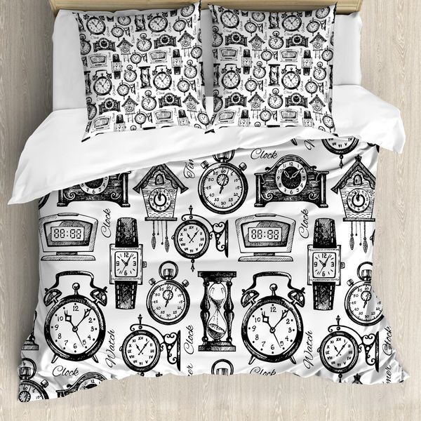 Abakuhaus Copripiumino, Hand Drawn Clocks, Antiacaro, Adatto A Chi Soffre Di Allergie, Con Federe, 200 Cm X 200 Cm - 80 X 80 Cm, Bianco E Nero-image