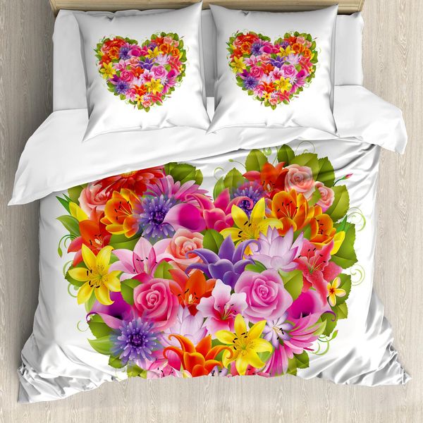 Abakuhaus Copripiumino San Valentino, Fiori-Rose-Foglie, Antiacaro, Adatto A Chi Soffre Di Allergie, Con Federe, 155 Cm X 220 Cm - 80 X 80 Cm, Multicolore-image