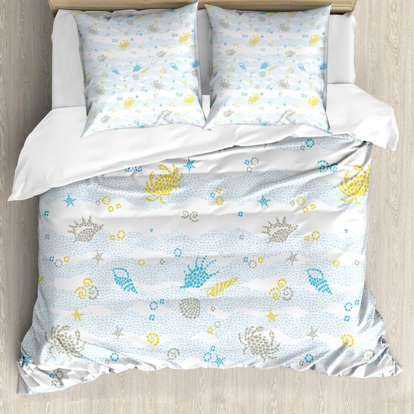 Abakuhaus Copripiumino Con Granchi, Granchi E Conchiglie, Antiacaro, Adatto A Chi Soffre Di Allergie, Con Federe, 155 Cm X 220 Cm - 80 X 80 Cm, Blu E Giallo-image