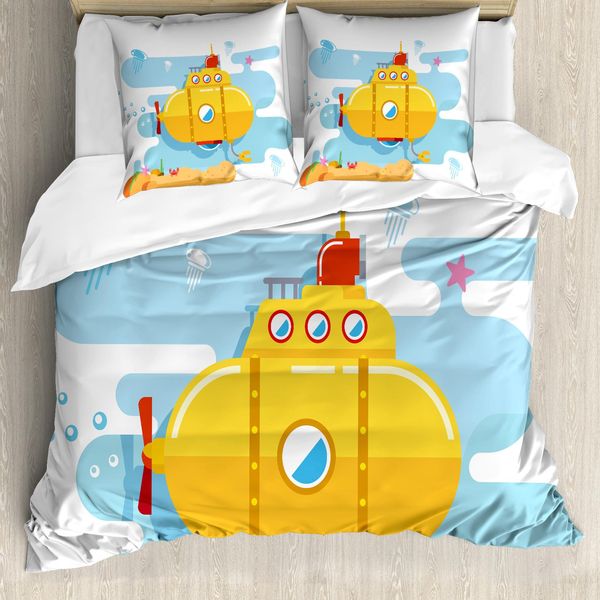 Abakuhaus Copripiumino Giallo Sottomarino, Granchio Stella Marina, Antiacaro, Adatto A Chi Soffre Di Allergie, Con Federe, 200 Cm X 200 Cm - 80 X 80 Cm, Blue Earth Giallo-image